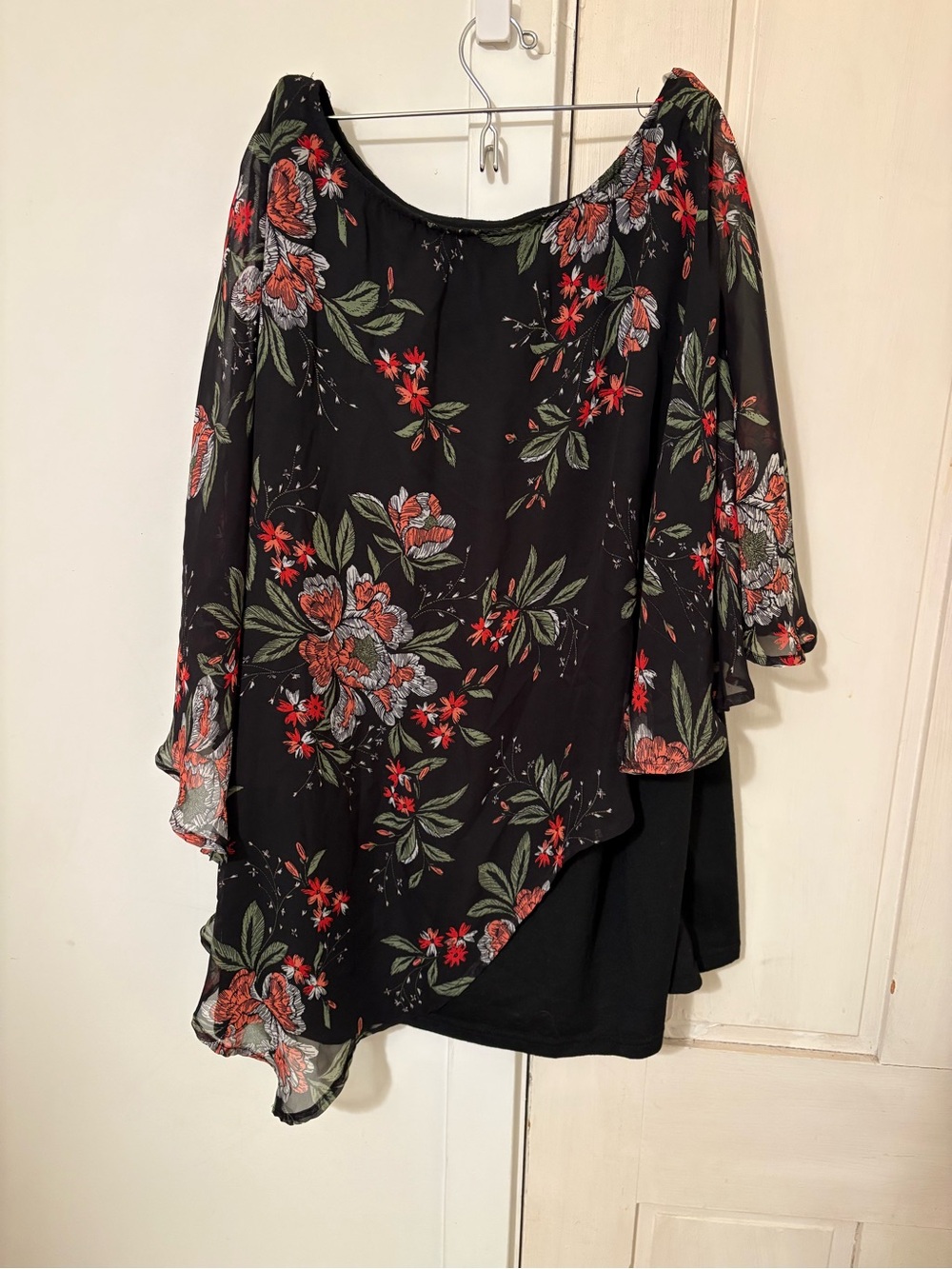 BloomChic Black Floral Asymmetric Tunic with Red and Green Accents